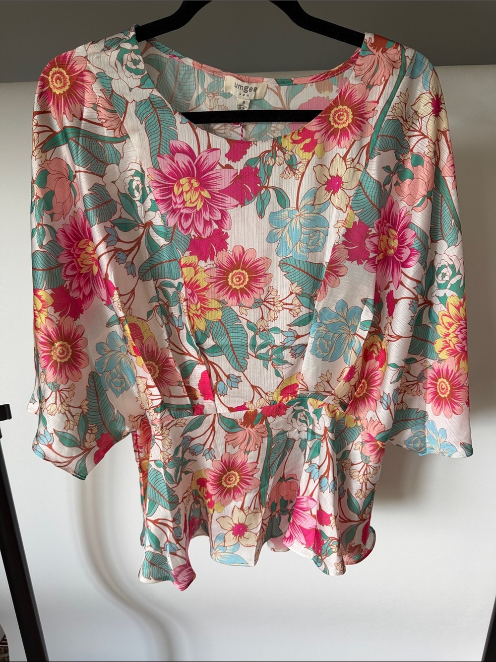 Umgee Floral Wrap Peplum Blouse - Pink, Teal & Yellow